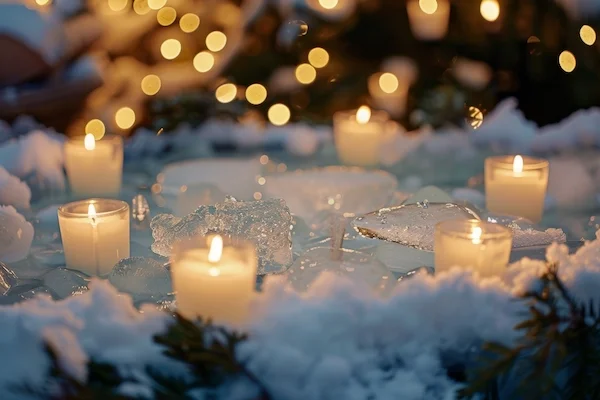 un voyage de noces dans la glace pour un mariage d'hiver : des bougies posées dans la neige